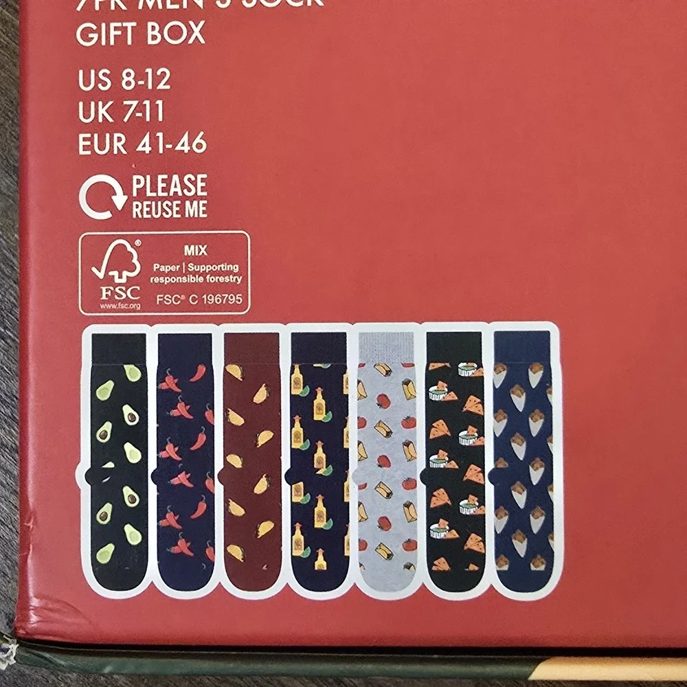 7 days by Orrsum Men's Sock Gift Box, Mexican Food Theme, Size 8-12, New, 7 pair